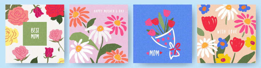 Mothers Day card set. Trendy posters, web banners or covers with wildflowers, daisies, roses, tulips bouquet. Hand drawn Floral art templates for Womens Day March 8, birthday and Mothers Day