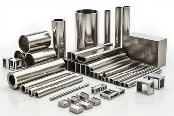 Assorted stainless steel profiles and tubes on a white background