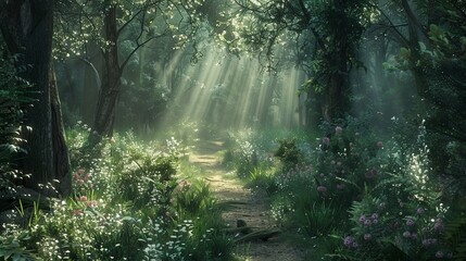 Enchanted Forest Path with Sunlight Filtering Through Trees
