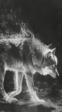 Haunting elegance Visualize a wolf merging with a ghost personifying nocturnal mystery and ethereal beauty