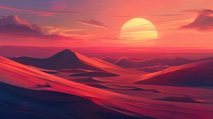 Poster Stylized Illustration of a Red Desert at Sunset Digital artwork showcasing a stylized, vibrant red desert landscape under a sunset sky, evoking a sense of calm and wonder.   © M