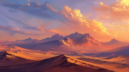 Foto op Plexiglas Vivid Sunset Over Desert Landscape Painting  Digital art painting depicting a breathtaking sunset casting warm hues over a serene desert landscape, with mountains in the background.  © M