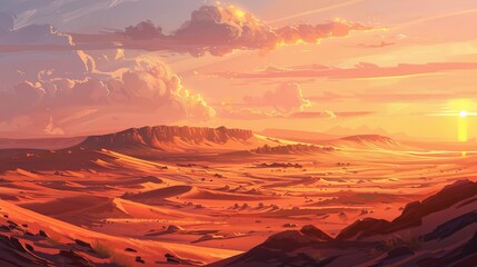 A breathtaking sunset bathes a vast desert landscape in a warm glow, highlighting the dramatic cloud formations and distant mountains. Sunset Illuminating Vast Desert Landscape

