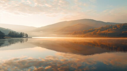 The tranquil waters of a serene lake reflect the golden hues of sunrise, with mist rolling over a scenic mountain landscape in the background. Serene Lake at Sunrise in Misty Mountain Landscape

