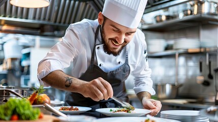 Joyful chef in professional attire carefully plating a dish with precision, reflecting the joy of cooking in a commercial kitchen environment.
