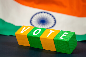 India vote 2024, Wooden blocks inscription vote 2024 with the Indian flag. Concept, voting and elections in India - obrazy, fototapety, plakaty