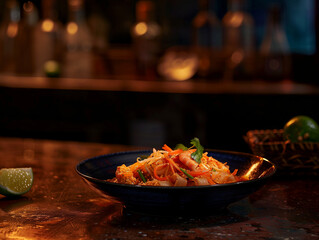  pad thai with scrimps and noodles on dark background