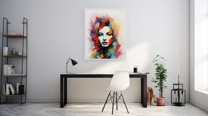 A modern workspace with a blank white empty frame on the wall, highlighting a colorful, contemporary portrait art print.