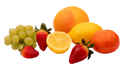 Owoce na białym tle PNG
Truskawki, cytryny, winogrona, grapefruit