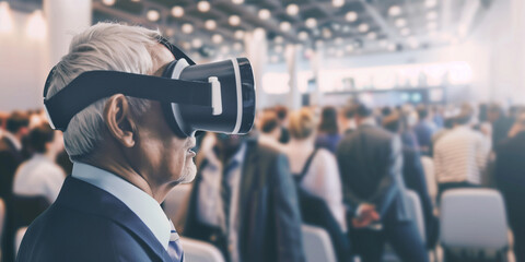 Vr experience senior business manager man attending meeting wearing vr virtual glasses standing in auditorium convention hall with crowd of business people background