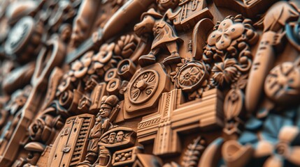 A close-up view of a meticulously crafted wooden sign celebrating Labour Day, surrounded by elements symbolizing different professions and occupations, in vibrant