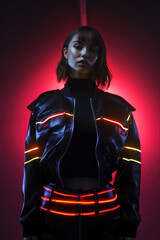 Fototapeta na wymiar Cyberpunk Woman with Red Neon Contours