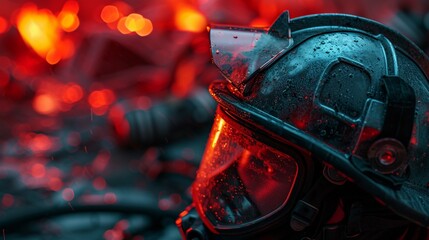 A close-up view of a firefighter's helmet and equipment, paying tribute to the bravery and dedication of those who contribute to public safety and emergency services, in vibrant