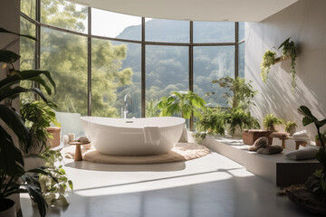 Fototapeta premium Interior bathroom with panoramic windows. Bathtub indoor plants in pots. Spa salon, hotel, relax.