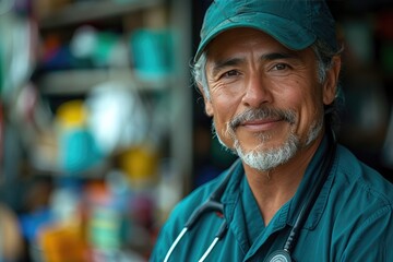 A jovial doctor with a bushy beard and stethoscope stands proudly on a bustling street, his friendly smile and well-worn hat exuding warmth and wisdom