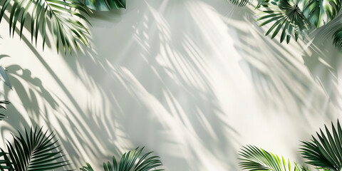 wall with shadow of tropical palm botany tree leaf pattern natural design template mock up for advertising backdrop, pastel colors, copy space.