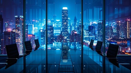 The sleek interior of a futuristic boardroom featuring glass walls and modern chairs, offering a stunning panoramic view of a vibrant cityscape at night.
