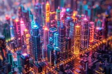 A bustling metropolis lit up by the glow of countless skyscrapers, creating a mesmerizing cityscape that captures the essence of urban life at night - obrazy, fototapety, plakaty