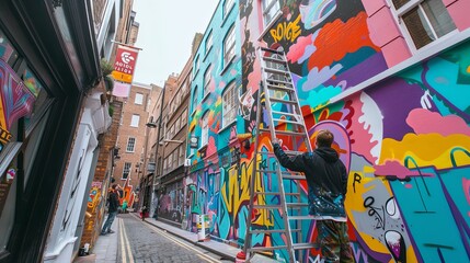 A graffiti artist stands on a ladder, meticulously adding colorful designs to a large street art mural on an alley wall in the city.  Graffiti Artist Creating a Mural on City Alley Wall

