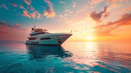 Opulent Yacht Cruising at Sea During Sunset A luxurious yacht glides across calm sea waters, bathed in the warm glow of a picturesque sunset with a sky painted in vibrant colors.

