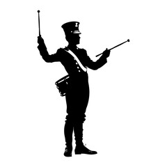 Silhouette drum major with mace in perform marching band leader - obrazy, fototapety, plakaty
