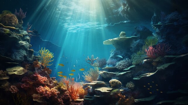 A captivating digital background inspired by underwater landscapes, showcasing the beauty of marine life and the clarity of an HD photograph,
