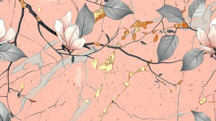 pastel leaves and flowers with silver and gold kintsugi patterns on a branch