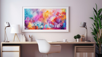 A modern workspace with a blank white empty frame on the wall, highlighting a colorful, nature-inspired art print.