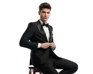 portrait of seated elegant groom arranging and buttoning black tuxedo