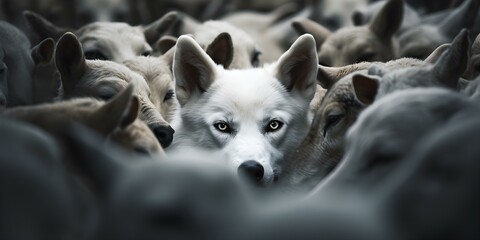 The clever wolf: symbolizing individuality amidst conformity and hidden dangers. Concept Wisdom of the wolf, Standing out, Dangers of conformity, Embracing individuality, Hidden depths - obrazy, fototapety, plakaty