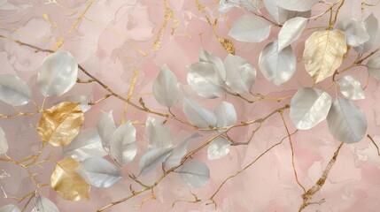 Japanese art vibes, pastel leaves and flowers with silver and gold kintsugi patterns on a branch