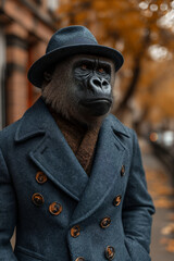 portrait of gentleman gorilla wearing hat and overcoat