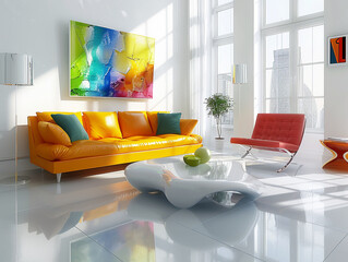 Sleek minimalist living room basking in sunlight, featuring a golden yellow sofa and a vivid abstract painting on the wall.