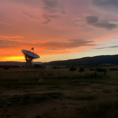 Fototapeta na wymiar A sunset over a mountain range with a large satellite dish in the foreground.