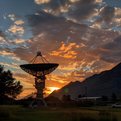 A sunset over a mountain range with a large satellite dish in the foreground.