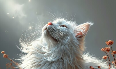 Naklejka premium A white cat with shiny fur shining in the sunlight and a light white background