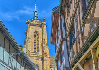 Colmar, France, view of the bell tower of the St. Martin Collegiate Church