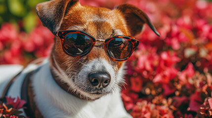 portrait of jack russel terrier wearing sunglasses in flowers
