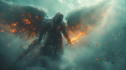 angel of death with flaming wings and sword