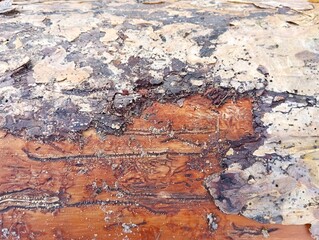 tree trunk eaten by bark beetles, traces of bark beetles