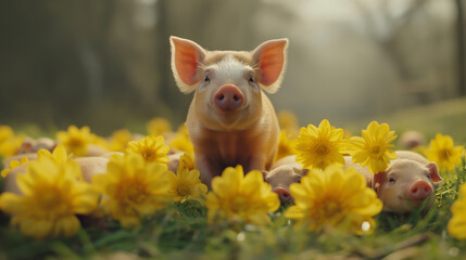 adorable group of little pigs in field of yellow flowers