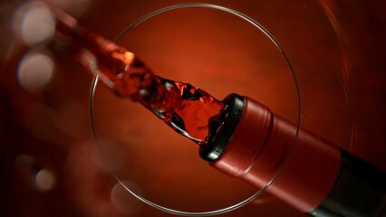 Freeze Motion Shot of Red Wine Pouring, Unique Angle of View from the Bottom of the Glass