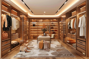 Luxurious gray-toned walk-in closet with a classic chandelier and organized storage spaces.