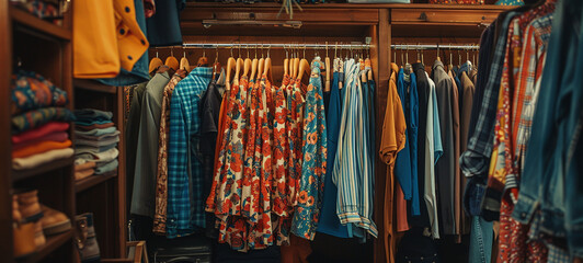 A wardrobe with an assortment of vintage clothing and bright colors.