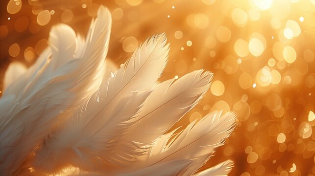 White duck feathers are soft, fluffy, light, piled high. A faint golden light splashed down on it. There is space for text.
