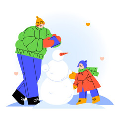 Happy family christmas flat illustration. A child building a snowman with his dad