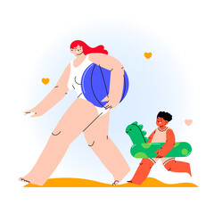 Happy family on the beach flat illustration. Mother and son running by the sea