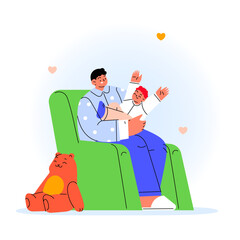 Happy family flat illustration. Young parent holding his toddler
