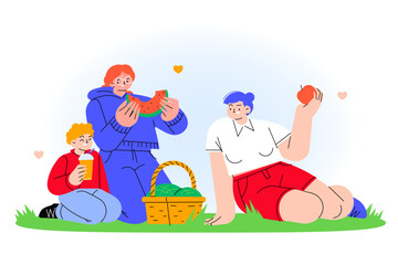 Happy family picnic flat illustration. Two moms and a son eating together in the park 