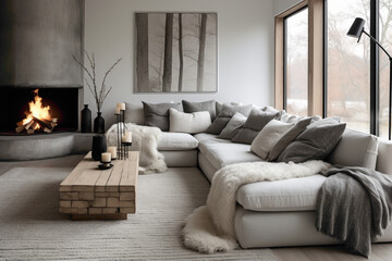 A monochromatic living room with shades of gray and white, featuring cozy textiles, natural textures, and a mix of modern and rustic elements.